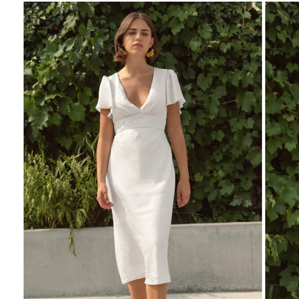 Jenny Yoo White Sheath Midi Dress with Flutter Sleeves